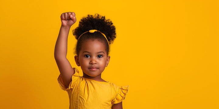 Black baby, kid with fist raised, black history month concept, african american girl, copyspace, blank space for text, inclusivity and diversity, protest