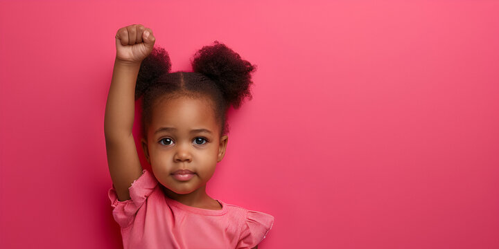 Black baby, kid with fist raised, black history month concept, african american girl, copyspace, blank space for text, inclusivity and diversity, protest