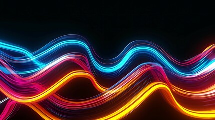  3d render, abstract geometric wallpaper of colorful wavy neon ribbon, yellow red blue glowing lines isolated on black background