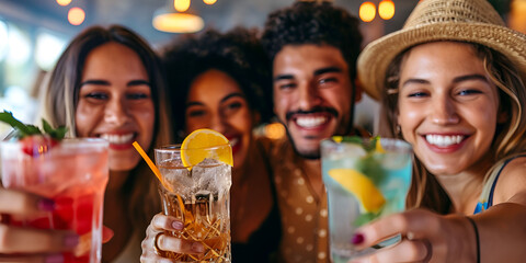 Multiracial friends celebrating party drinking cocktails at bar restaurant - Young people having fun hanging out on weekend day - Life style concept with guys and girls enjoying time together, cocktai
