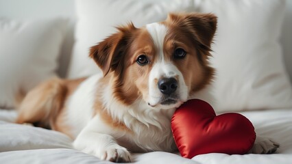 A cute dog with a red heart shaped pillow on plain white background from Generative AI
