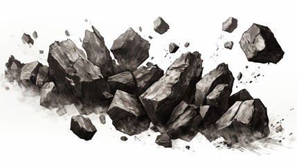 Particles of charcoal on a white background, top view.