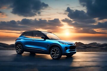 blue compact SUV with a sporty and modern design, parked on a concrete road by the sea at sunset, highlighting its environmentally friendly technology   