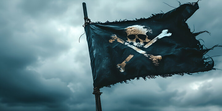 Pirate flag with skull and bones waving in the wind, cloudy sky background, jolly roger symbol, dark mysterious hacker and robber concept, 