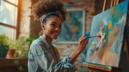 Creative female artist standing working on a new painting.Happy young woman painting on canvas in her art studio.
