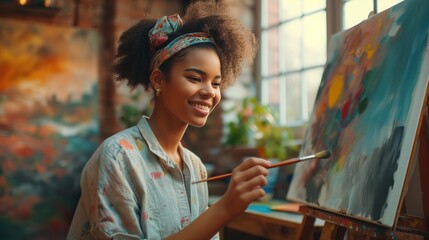 Creative female artist standing working on a new painting.Happy young woman painting on canvas in her art studio.
 - obrazy, fototapety, plakaty