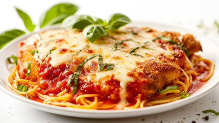Chicken Parmesan on white background