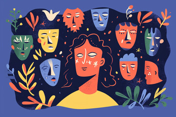 An individual surrounded by different masks, symbolizing exploring different aspects of the self, psychological help drawings, flat illustration