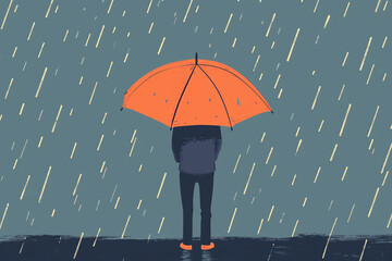 A person standing in rain with an umbrella, symbolizing resilience and coping strategies, psychological help drawings, flat illustration