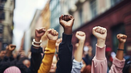 Protestors fists raised up in the air. In a powerful display of dissent, hands form clenched fists, embodying the spirit of resilience and resistance. A peaceful protest for a better world. - obrazy, fototapety, plakaty