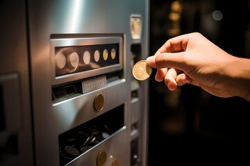A close-up of a hand inserting a coin into a vending machine, representing financial transactions.