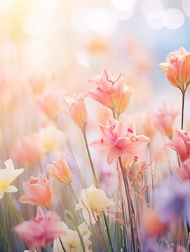 Fototapeta sunlight on Easter flowers, abstract blank blurred spring background, beauty in nature concept, copy space - generative ai