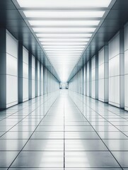 Obraz premium Long corridor in modern office building with glowing lights. A modern and futuristic photograph of a sleek, symmetrical hallway in a contemporary building, emphasizing clean lines