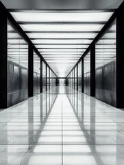 Long corridor in modern office building with glowing lights. A modern and futuristic photograph of a sleek, symmetrical hallway in a contemporary building, emphasizing clean lines