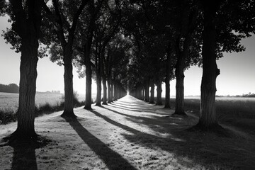 A monochromatic image of a row of trees, perfectly aligned in the center, casting long shadows. The image is in black and white, emphasizing the contrast and depth.