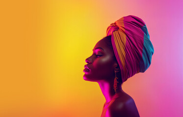 AI Generated Image Beautiful black woman wearing colorful African traditional turban on pink and yellow background