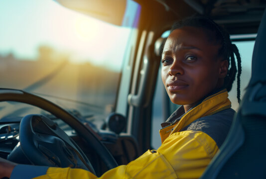 AI Generated Image Concentrating black female driving HGV vehicle