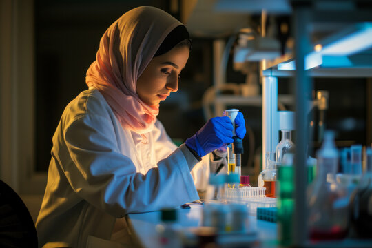 AI Generated Image Arabic female biotechnologist working in the lab