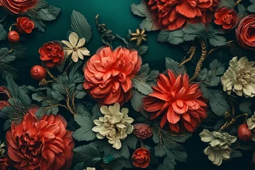 Sierkussen Decorative green and red blooming flowers in Rococo style background. Copy space and luxurious style © Rytis