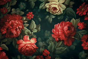 Decorative green and red blooming flowers in Rococo style background. Copy space and luxurious style