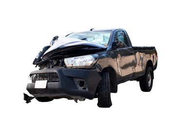 Front and Side view of black pickup truck car get damaged by accident on the road. damaged cars...
