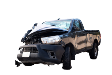 Front and Side view of black pickup truck car get damaged by accident on the road. damaged cars after collision. isolated on transparent background, Car and casualty insurance, PNG File