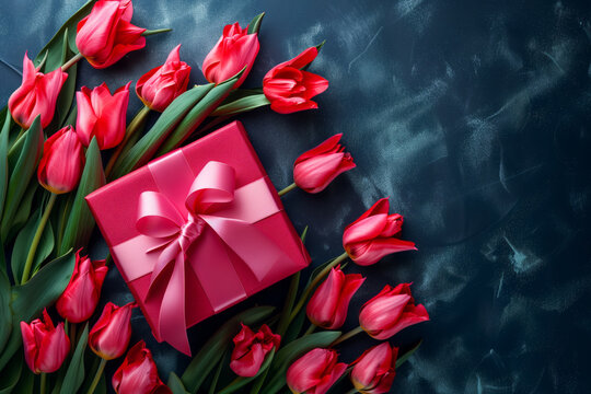 AI Generated Image Red gift box with ribbon surrounded by tulip flowers Women’s Day concept