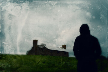 A mysterious hooded figure looking at a ruined farm building on top of a hill. With a grunge...