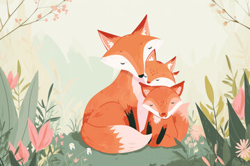 AI Generated Image Illustration of Mother’s Day banner with cute fox family