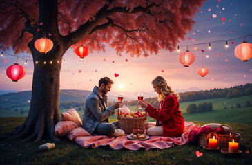 Whimsical of a Valentine's Day picnic setup, with a heart-patterned blanket, a basket of red and pink delicacies, and a couple enjoying a glass of wine under a tree adorned with lanterns