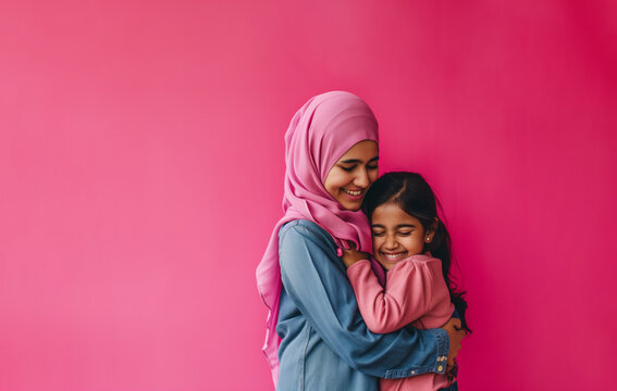 AI Generated Image Happy Muslim Mother and daughter wearing hijab hugging on a pink background Mother&rsquo;s Day concept