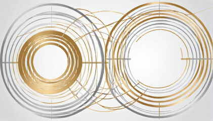 A minimalist abstract composition of intersecting lines and circles in metallic gold and silver, modern art, vector format. AI Generativ