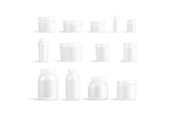 Blank white vitamin and protein can mockup, different types