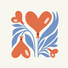 Modern Romantic, Valentine's day vertical flyer or poster template. Love hand drawn trendy illustration.