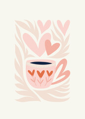 Modern Romantic, Valentine's day vertical flyer or poster template. Love hand drawn trendy illustration.