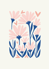 Modern Romantic, Valentine's day vertical flyer or poster template. Love hand drawn trendy illustration.