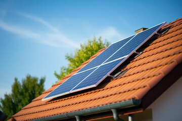 Fototapeta premium Eco-Friendly Solar Energy: A Modern Rooftop Power Generation System with Photovoltaic Panels, Providing Clean Electricity for a Green Future