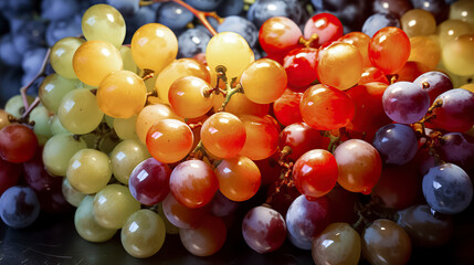 Close-up of a vibrant mix of colorful, fresh grapes with varying shades and translucency under soft, illuminating light, ai generative