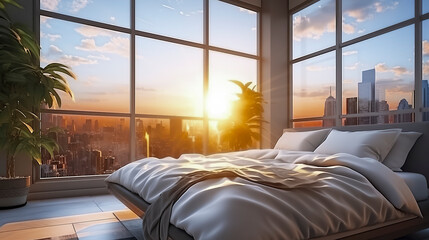 A modern bedroom with a large bed overlooks a cityscape during sunset, creating a serene and luxurious atmosphere, ai generative