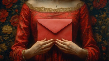 Fototapeta premium woman hand holding red envelope, close up shot