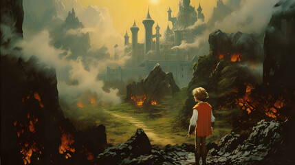 Flaming landscape with castle - obrazy, fototapety, plakaty