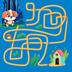 Maze game, puzzle for children. Help the dog find a home in the dark forest. Draw all the paths. Cartoon illustration.