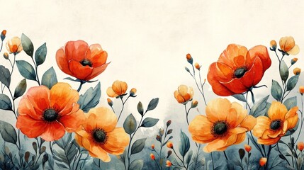 poppies watercolor background, copy space