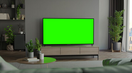 Televisão com chroma key em uma sala com plantas 