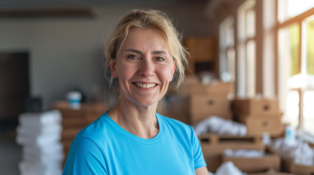 Mulher de meia idade com camiseta azul e sorriso 