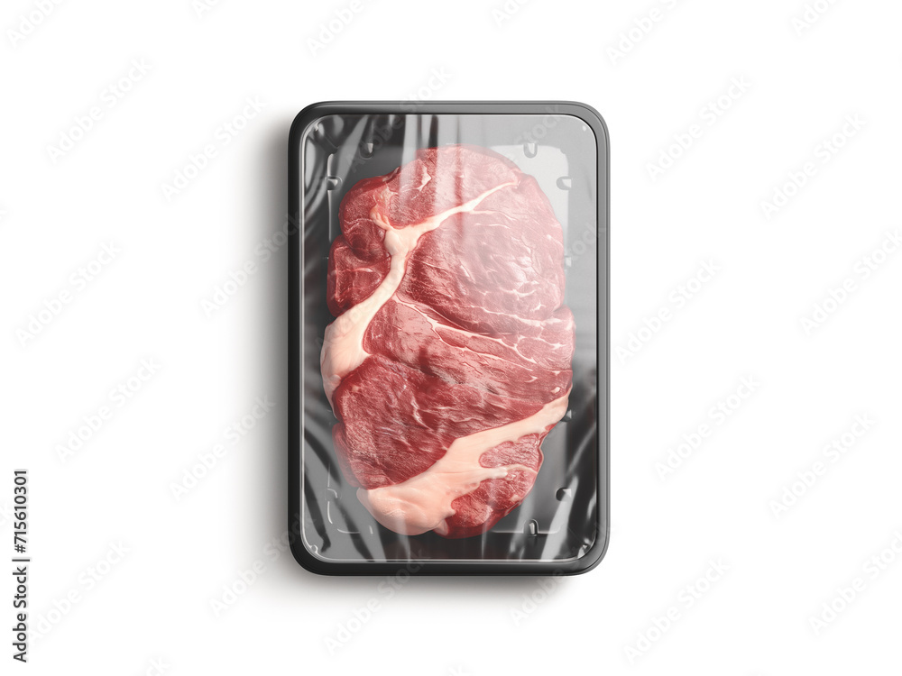 Wall mural blank transparent plastic tray with beef mockup, top view