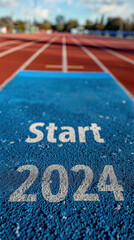 An athlete at the starting line of a middle or long distance race, with the text "Start 2024". Summer Olympic sports