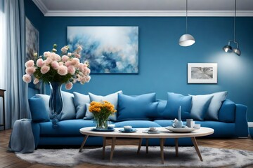 a modern blue living room design with a sofa and furniture, featuring a blurred bright ambiance and adorned with flowers. This scene is ideal for use as a wide panorama background   