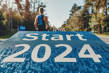 An athlete at the starting line of a middle or long distance race, with the text "Start 2024". Summer Olympic sports