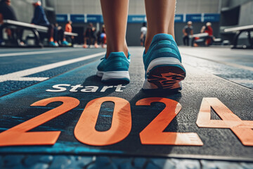 An athlete at the starting line of a middle or long distance race, with the text "Start 2024". Summer Olympic sports